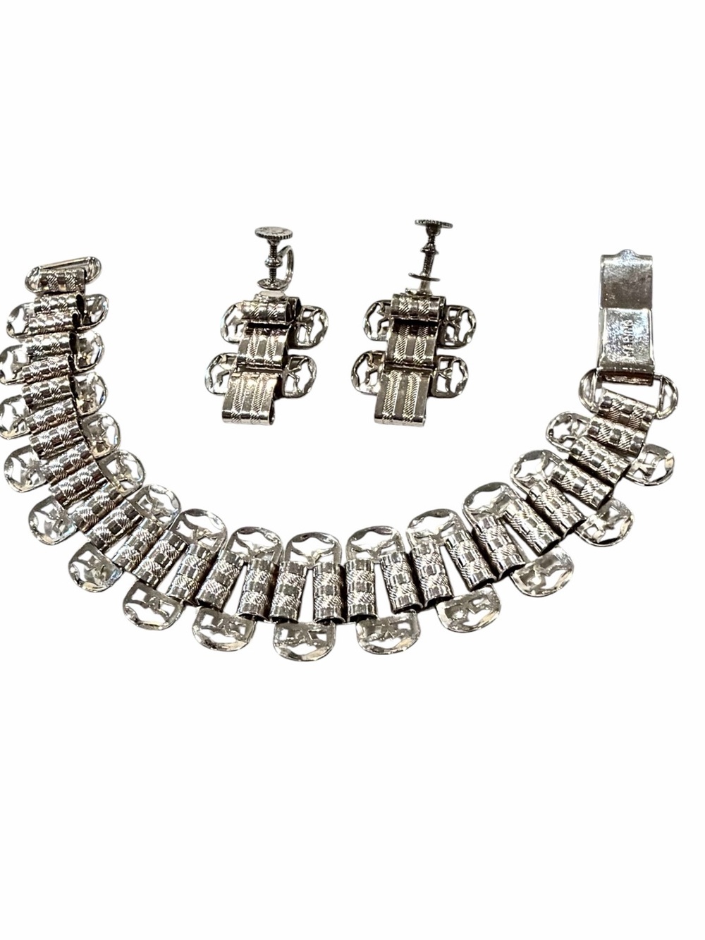 Vintage MARINO Signed Silver Link Bracelet Screw Back Earrings Set Demi Parure”
